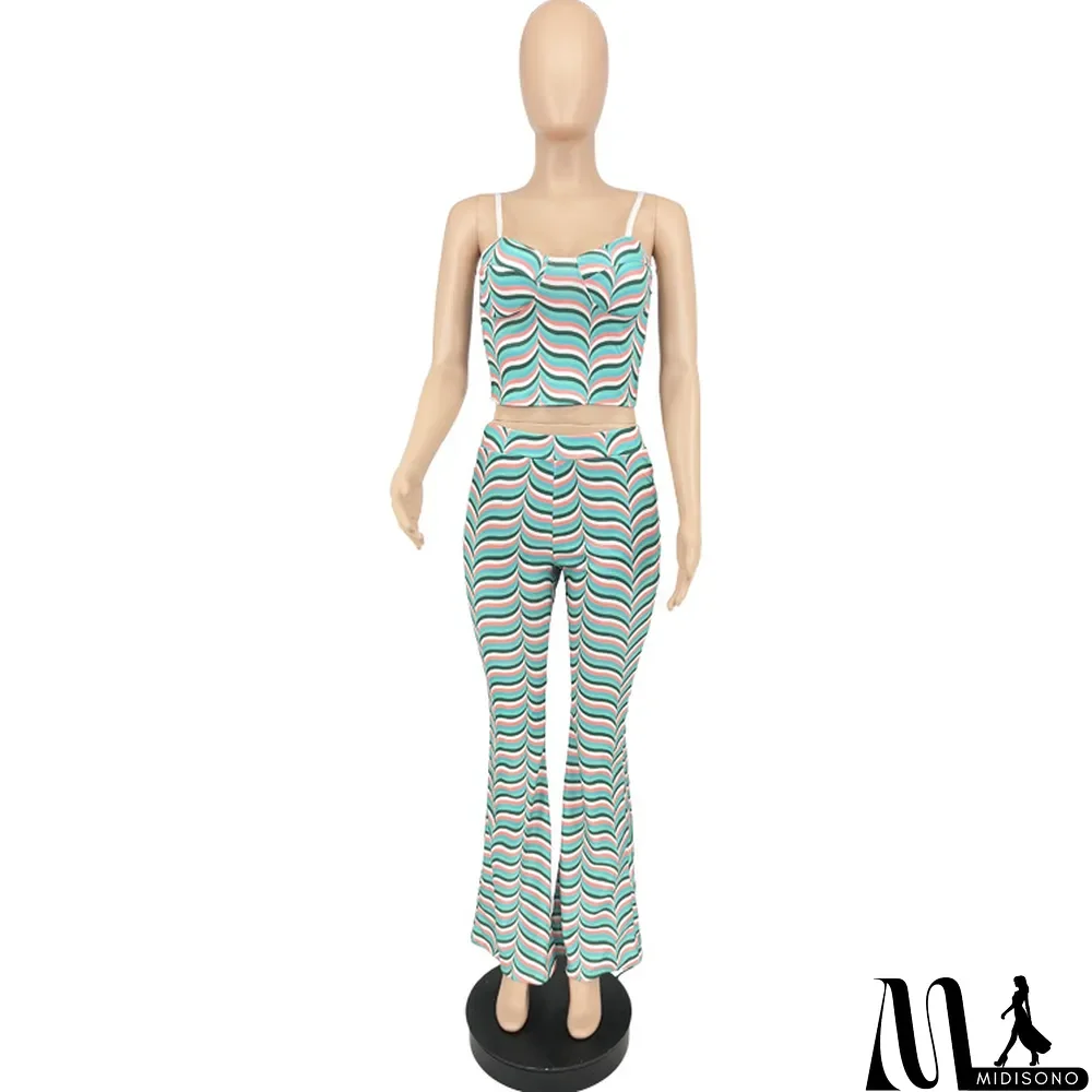 MidiSono - Women's Fashion Print Straps Backless Top Flared Pants Casual Two Piece Set