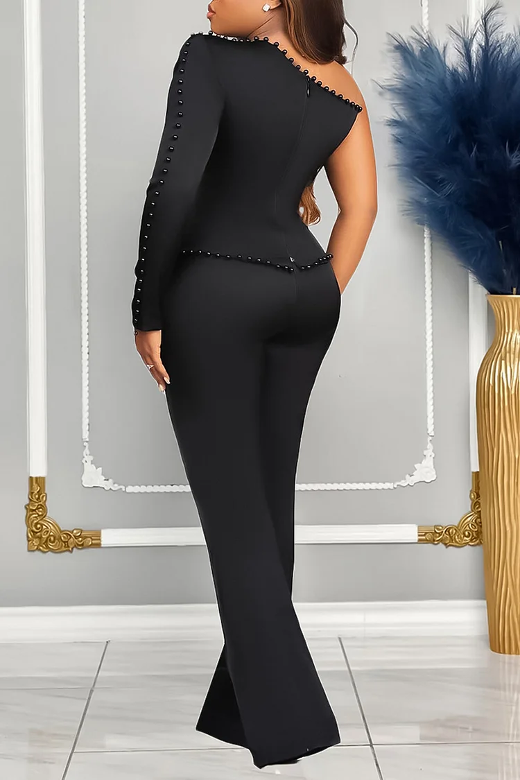 Beads Single Long Sleeve A-Line Top Straight Leg Pants Matching Set-Black