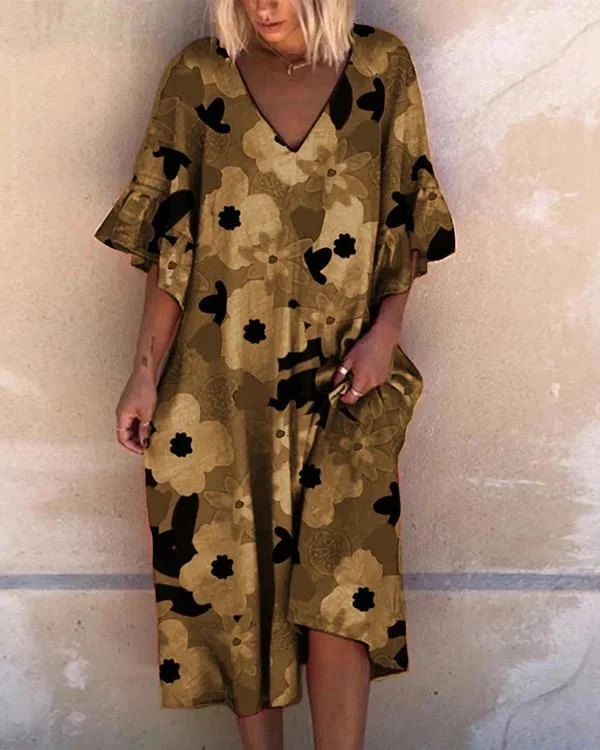 Printed Leaf Sleeve Casual Midi Dress