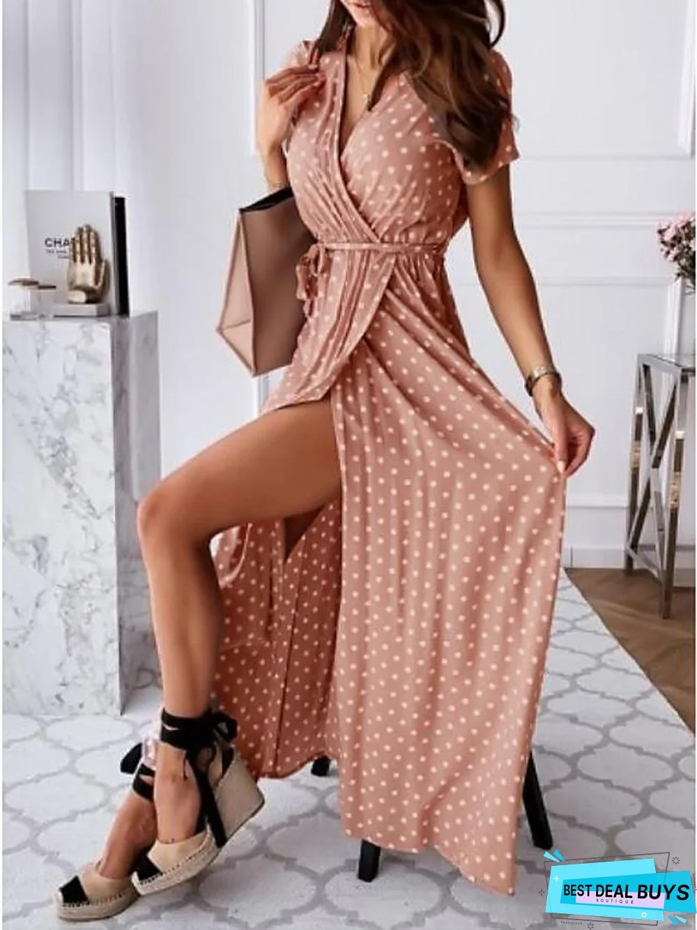 Women's Wrap Dress Maxi Long Dress - Short Sleeve Polka Dot Print Summer V Neck Hot Casual Sexy Black Blue Blushing Pink Dark Green Black Dresses