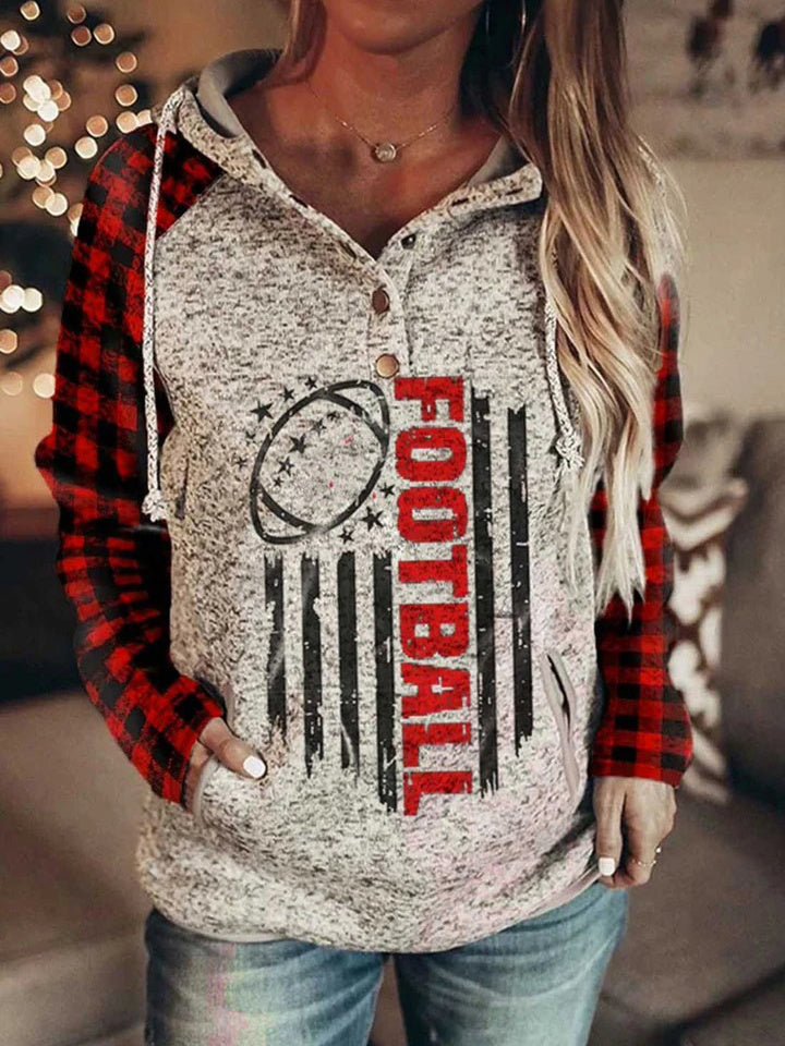 Women Long Sleeve Hooded Plaid Printed Sweatshirts Top