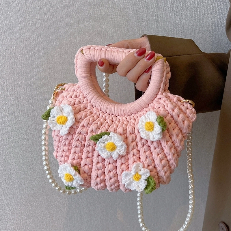 Women’s Medium Fabric Flower Cute Weave Open Crochet Bag