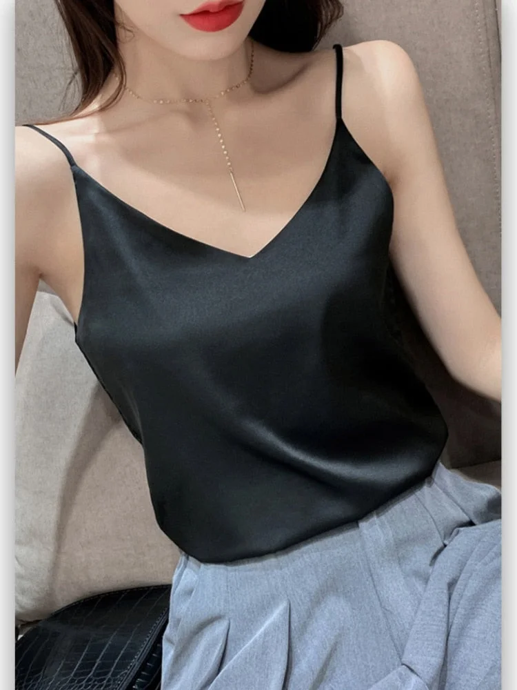 2021 Summer Solid Sleeveless Crop  Casual Camis Tank Tops Ladies V-Neck  Female Vest  Women Imitation Silk Blouses