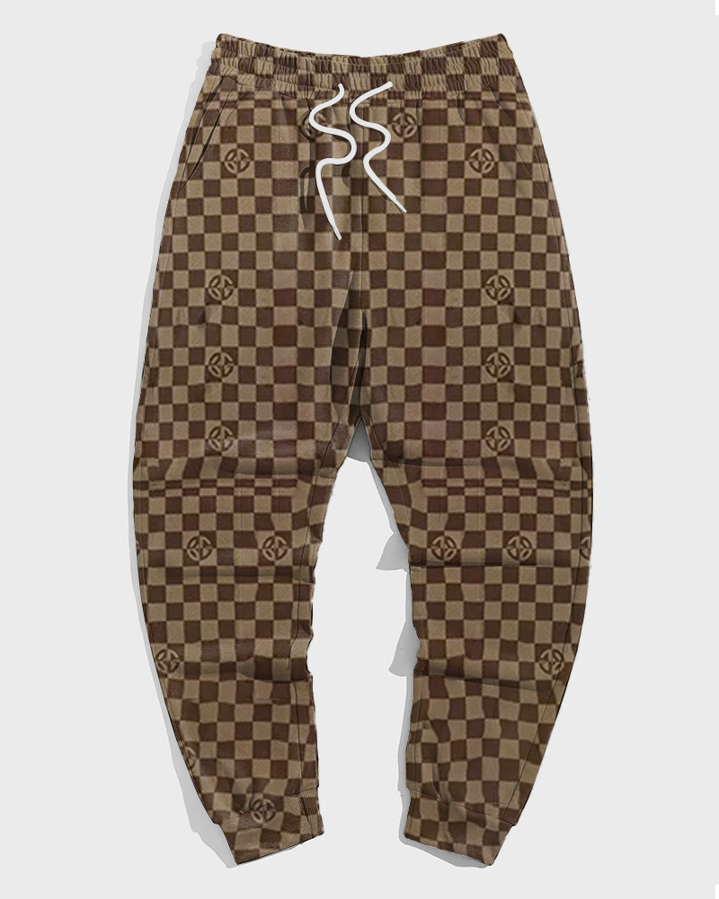 Men's Plus Size Classic Brown Plaid Hoodie Suit