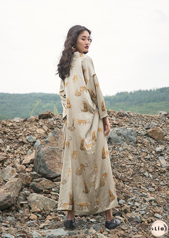 Italian Apricot V Neck Animal Print Silk Robe Dresses Fall