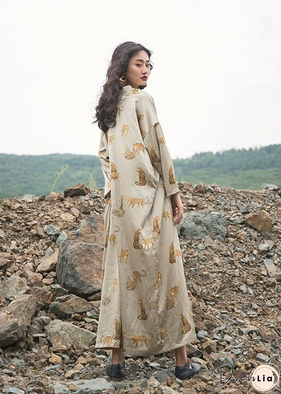 Italian Apricot V Neck Animal Print Silk Robe Dresses Fall