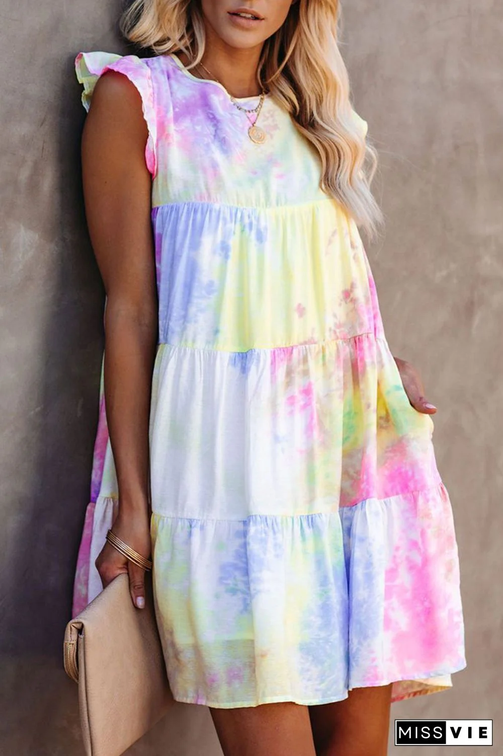 Casual Patchwork Tie-dye Flounce O Neck Straight Dresses