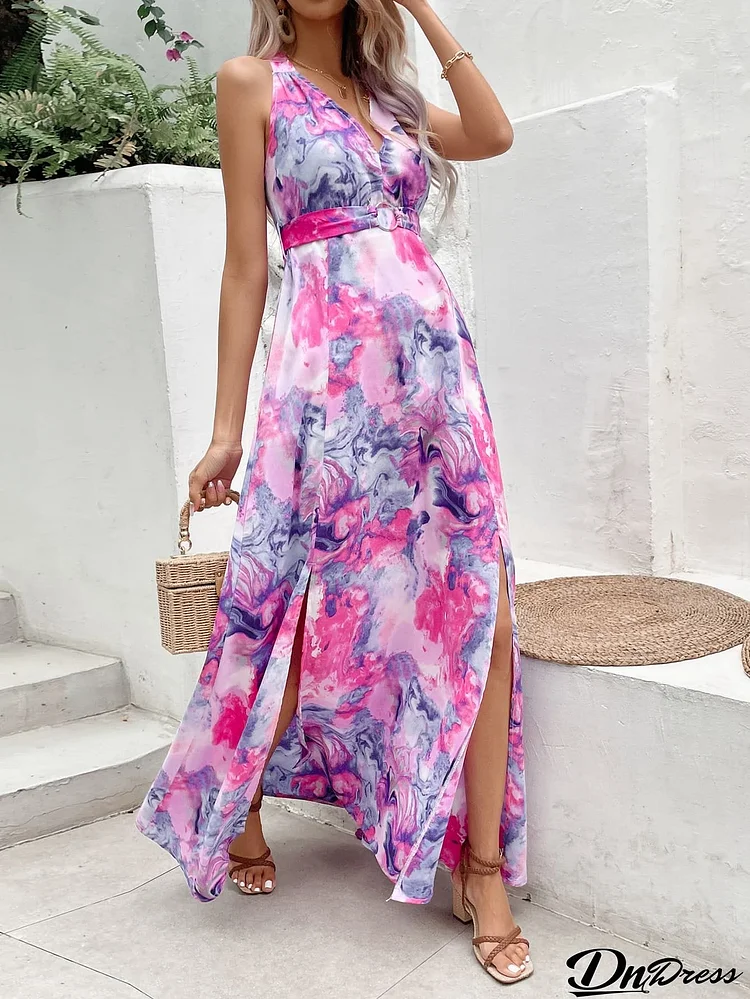 Printed Open Back Slit Sleeveless Dress