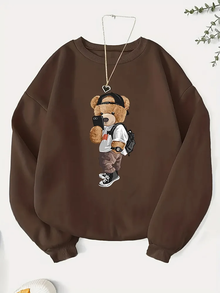 Women's Casual Loose Fit Round Neck Long Sleeve Sweatshirt - Cute Cartoon Bear Print, Light Beige, Spring Summer Fall Comfortable Pullover, Spring Summer Apparel, Durable Casualwear, Everyday Outfit, Playful Design, Machine Washable, Pullover Top, Adult