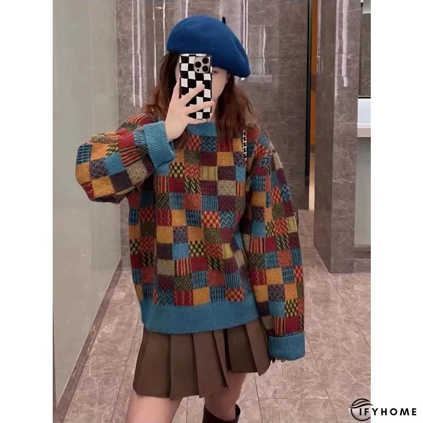 Women's Fashion Vintage Plaid Loose Retro Sweater | IFYHOME