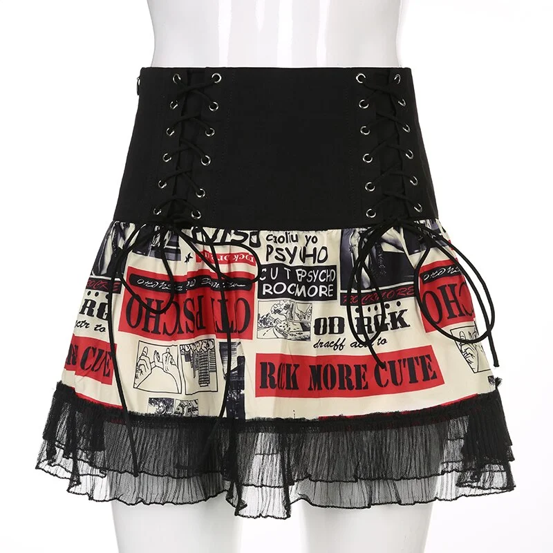 Sweetown Dark Academia Y2K Pleated Skirts Womens Patchwork Print Tie Up Punk Grunge Mini Skirt Lace Trim Cute Kawaii Clothes