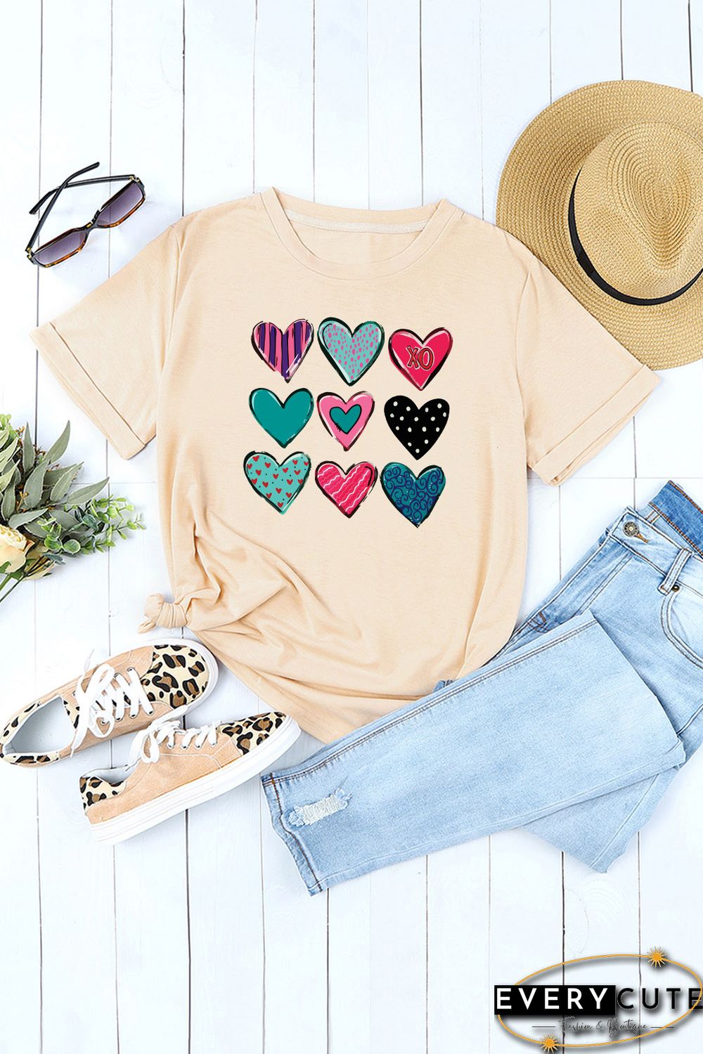 Khaki Valentines Multi Pattern Heart Print T Shirt
