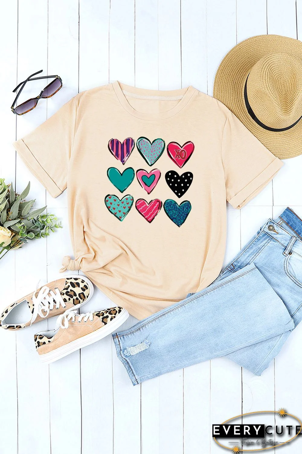 Khaki Valentines Multi Pattern Heart Print T Shirt