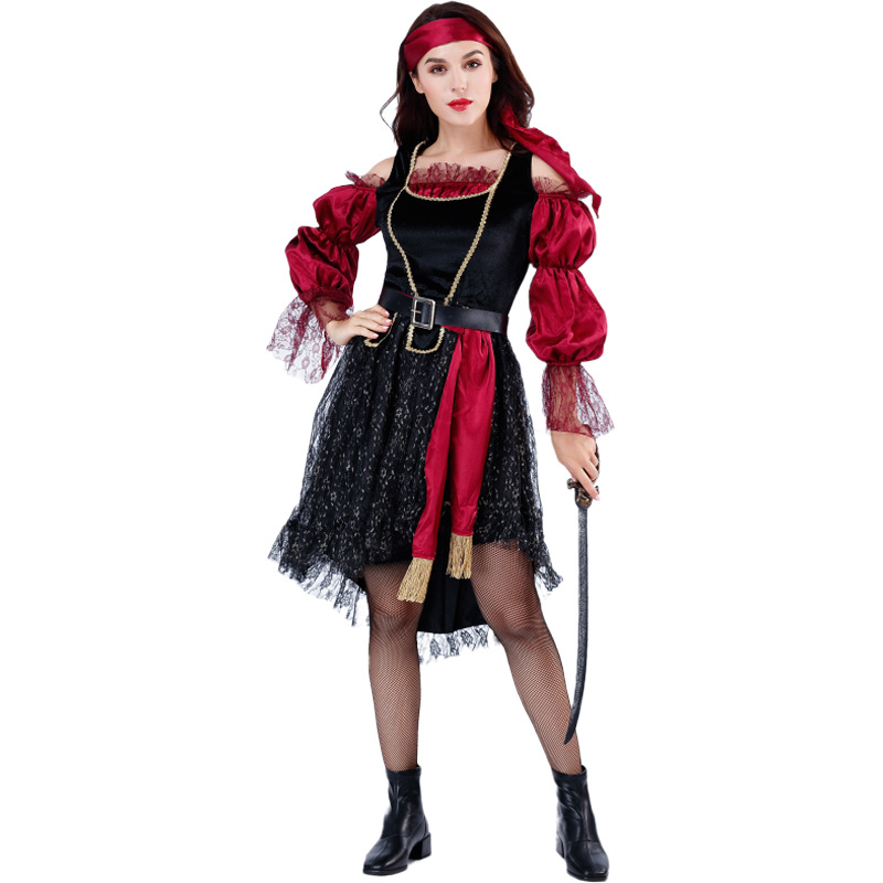 [Wetrose] In Stock Red Pirate Cosplay Costume Caribbean Halloween Sailor Captain For Man Woman Couple Family Full Set