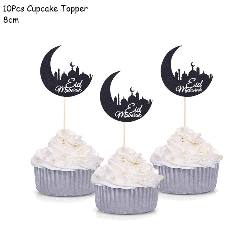 Gold Silver Glitter Eid Mubarak Cupcake Toppers EID Ramadan Festival Bunting Islamic Muslim Mubarak Party Decoration
