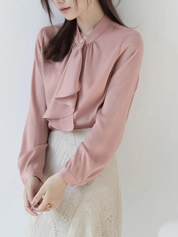 Buttoned Pleated Ribbon Solid Color Long Sleeves Loose Mock Neck Blouses&Shirts Tops