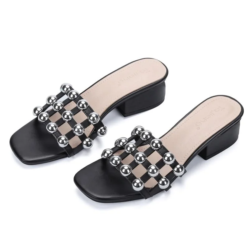 Genuine Cow Leather Rivets Women Gladiator Sandals Square High Heels Beach Slippers