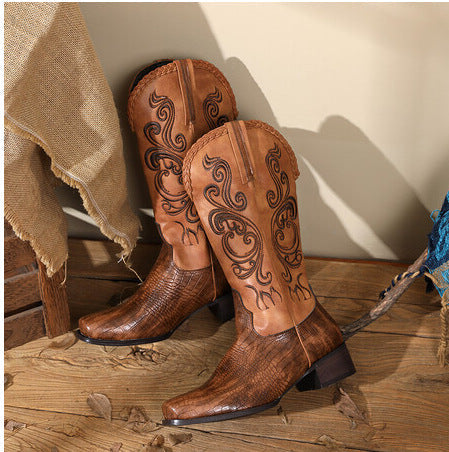 Retro tan brown flower embroidery mid calf cowboy boots for women