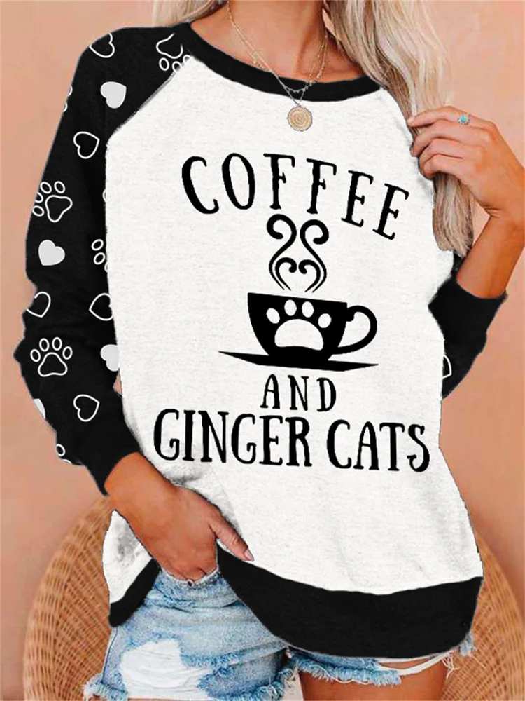Vefave Coffe And Ginger Cats Paws Patchwork Sweatshirt