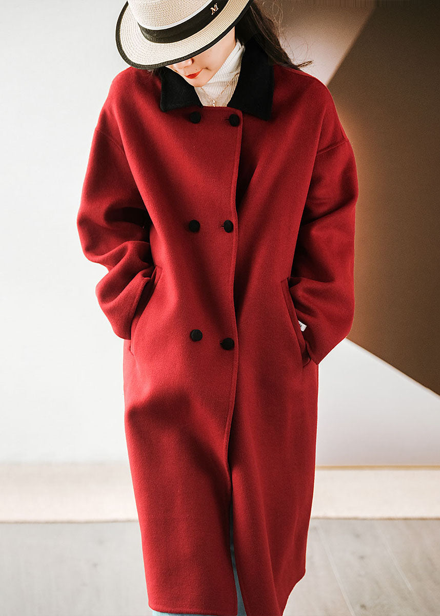 VCSHOES Red Colorblock Peter Pan Collar Patchwork Double Breast Woolen Coats Winter