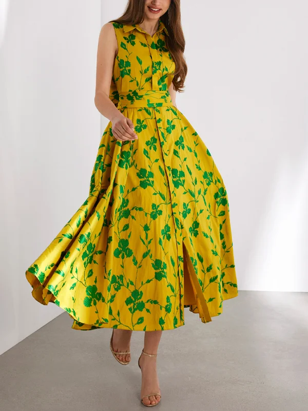 Lapel Sleeveless Print Midi Dress