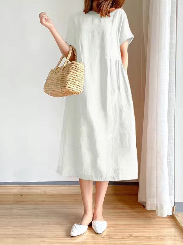 Solid Color Short Sleeve Simple Loose Midi Dress