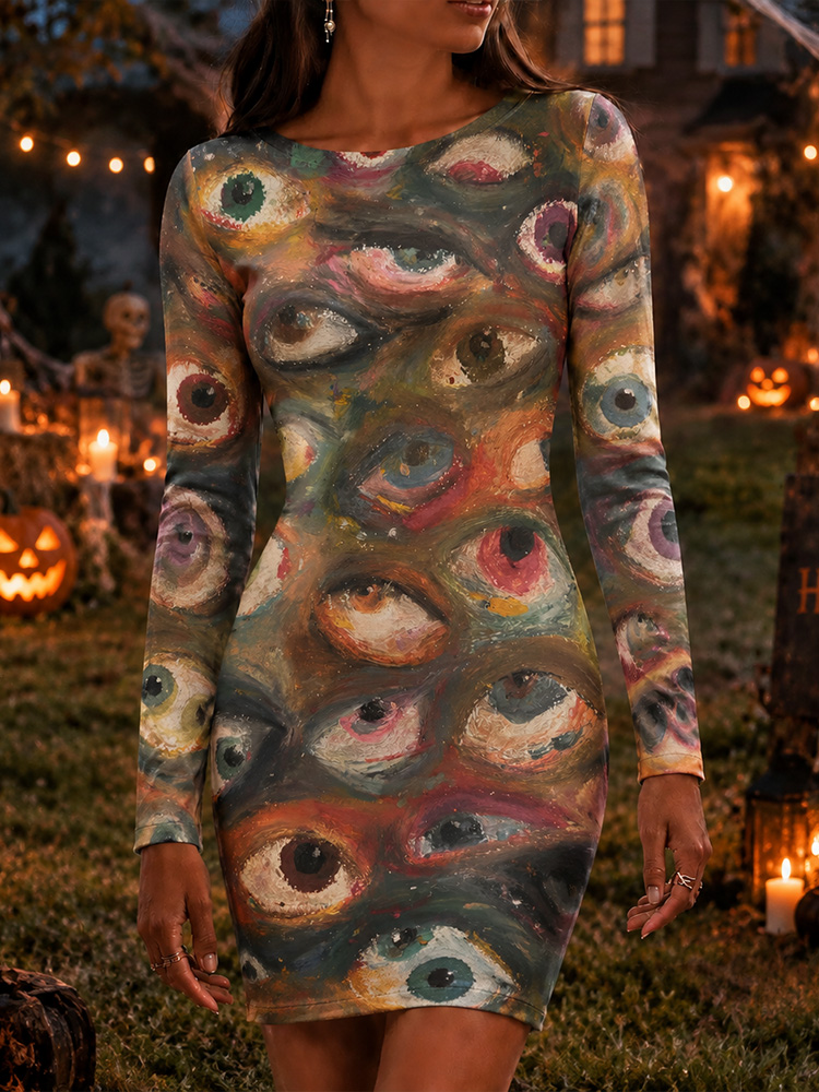 Comstylish Women's Halloween Horror Eye Print Crew Neck Slim Fit Dress