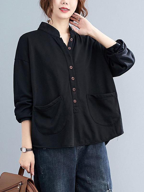 Casual Solid Color Buttoned Split-Joint With Pocket Stand Collar Long Sleeves Sweatshirts