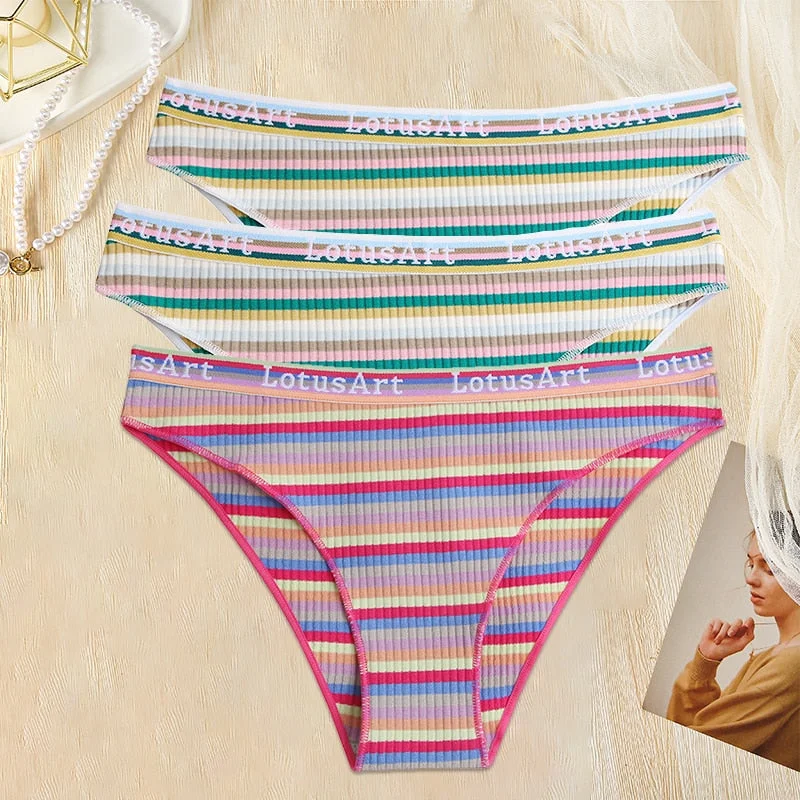 FINETOO 3PCS/Set Women Cotton Seamless Panties for Female M-XL Underwear Panty Sexy Colorful Striped Lingerie Letter Waist Brief