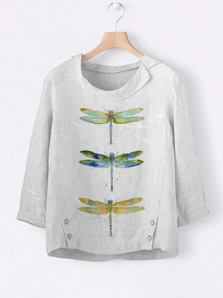 Women's Casual Watercolor Dragonfly Tree Cotton Blend Print T-shirt