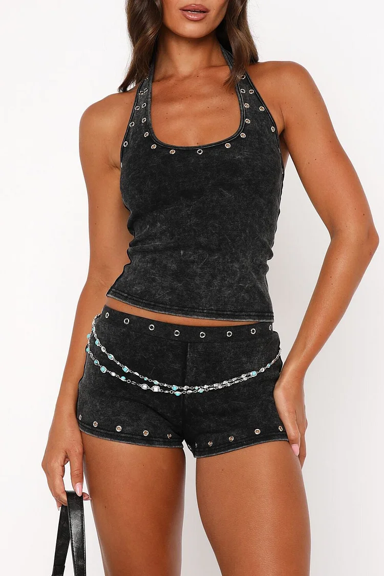 Studded Halter Neck Sleeveless Top Shorts Matching Set-Black [Pre Order]