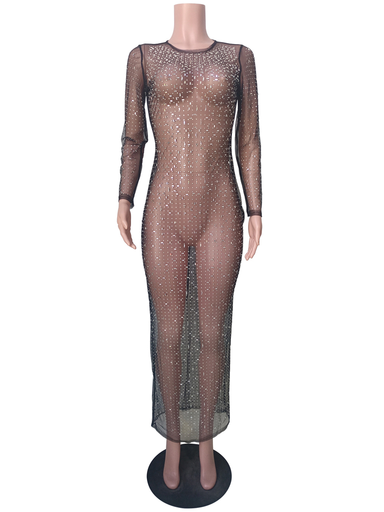 Ootddress Glitter Female Cover up Maxi Dress Mesh See-Through Split Fashion Long Sleeve Slim Sexy Beach Cover up Dress For Women New