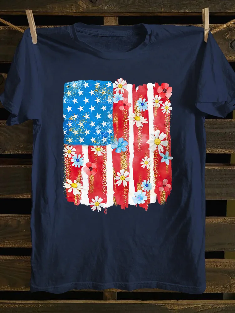 Flower Brushstroke America Flag T-shirt