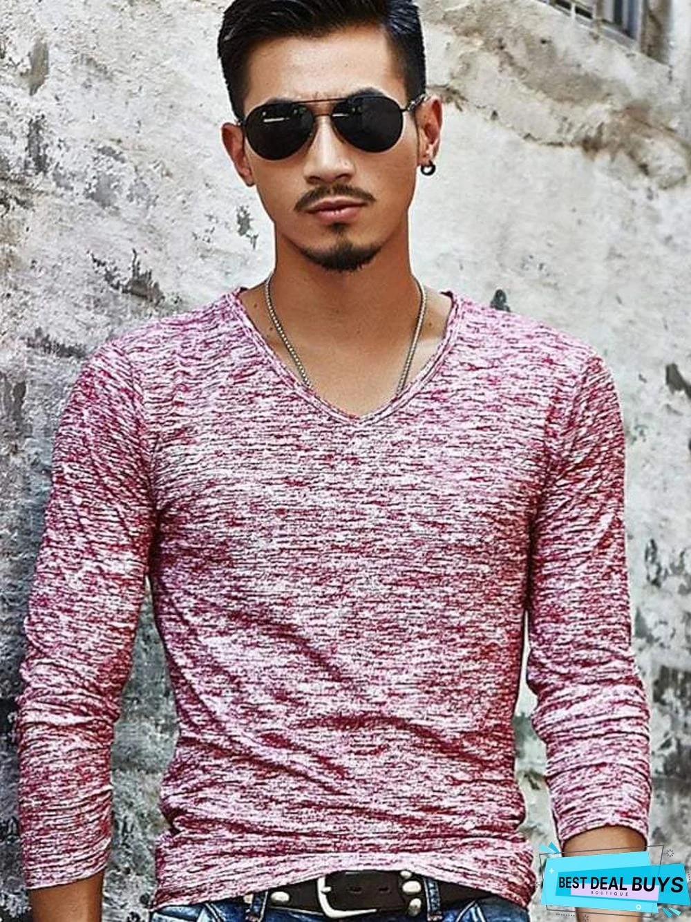 Men's T-Shirt Graphic Solid Colored Print Long Sleeve Daily Slim Tops Basic V Neck Blue Fuchsia Black / Fall / Spring