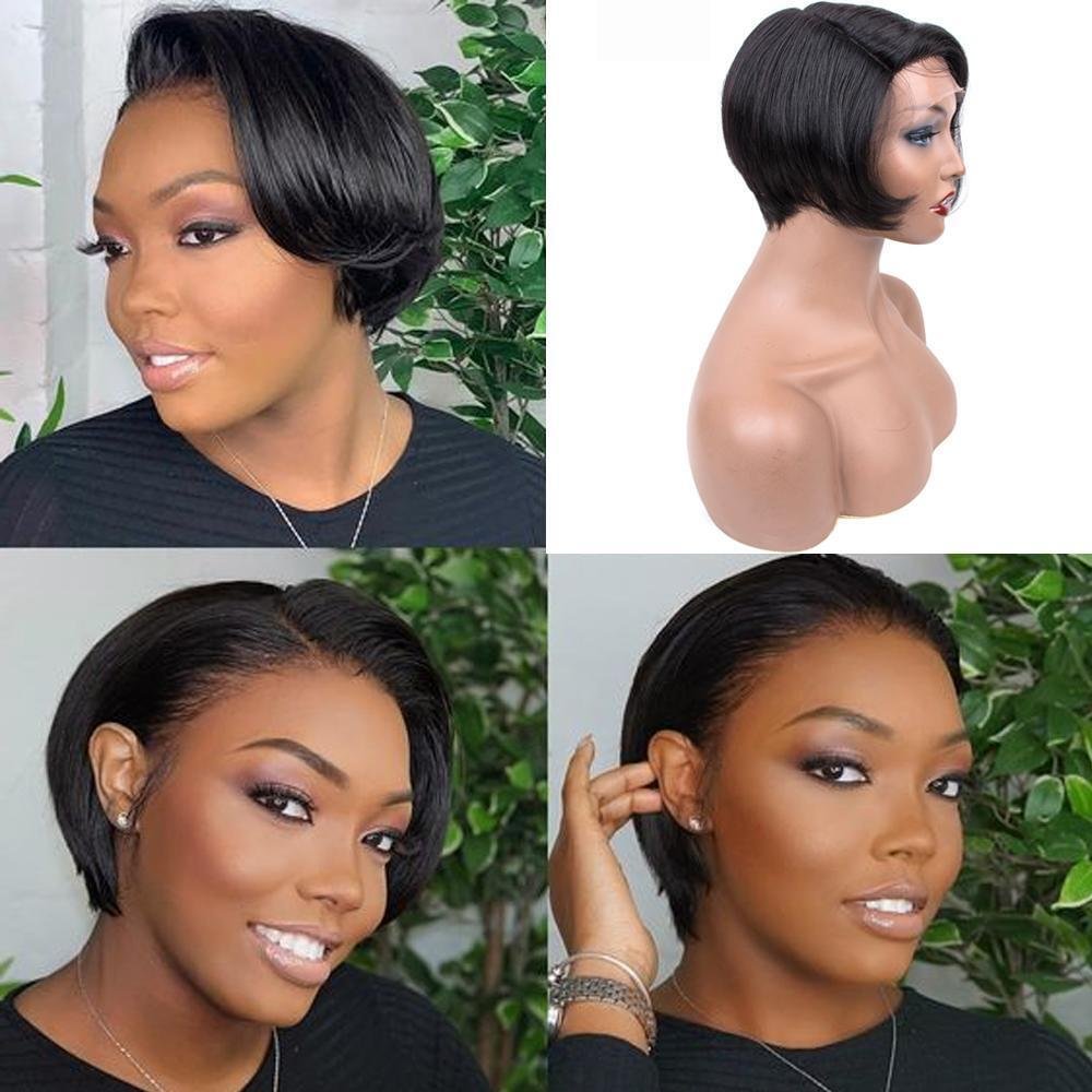 🔥Hot| Glueless Lace Black Pixie Cut Short Bob Wavy Wig Human Hair Wig With Bangs US Mall Lifes