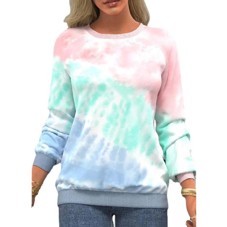 Uveng Autumn Tie-dyed Printed Round Neck Raglan Long Sleeve Sweaters