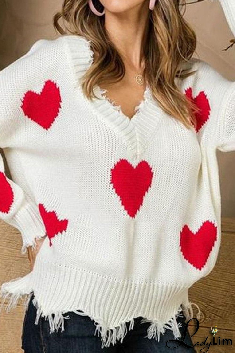 V-Neck Distressed Hearts Casual Sweater