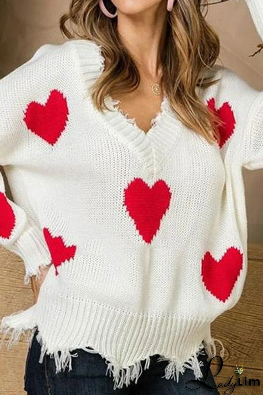 V-Neck Distressed Hearts Casual Sweater