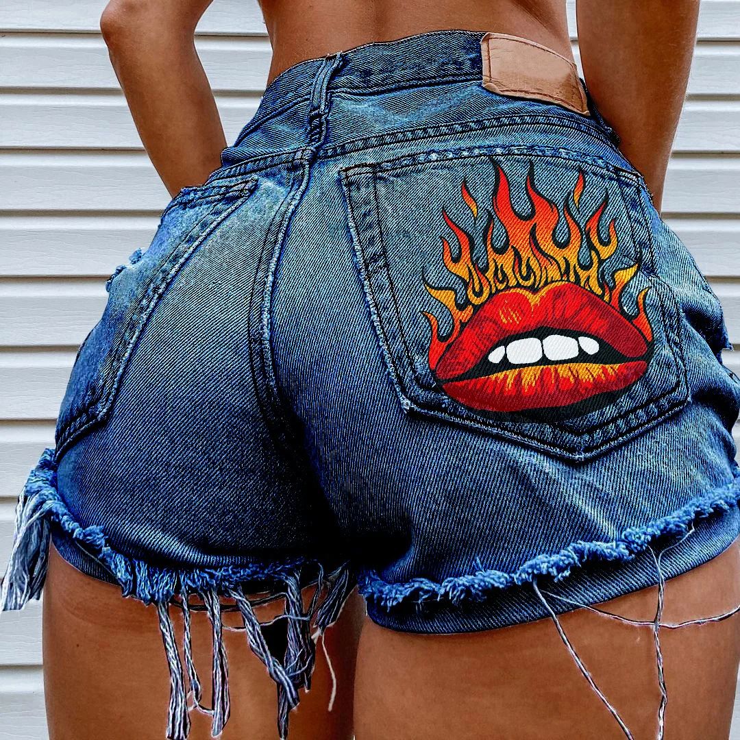 Women's Denim Shorts Ripped Jeans Back Lip Pocket Print Denim Short