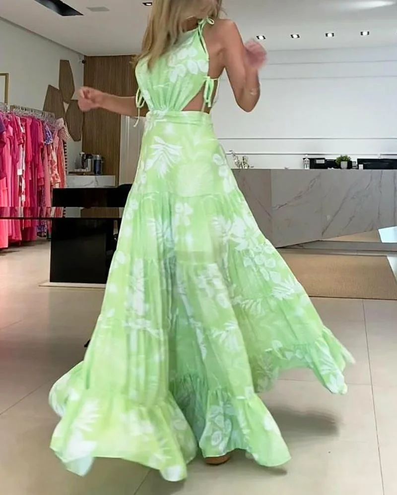 Sleeveless cropped maxi print dress