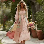 Women's Rose Floral Patchwork Casual Resort Linen Blend Long-sleeved Dress - Image 2