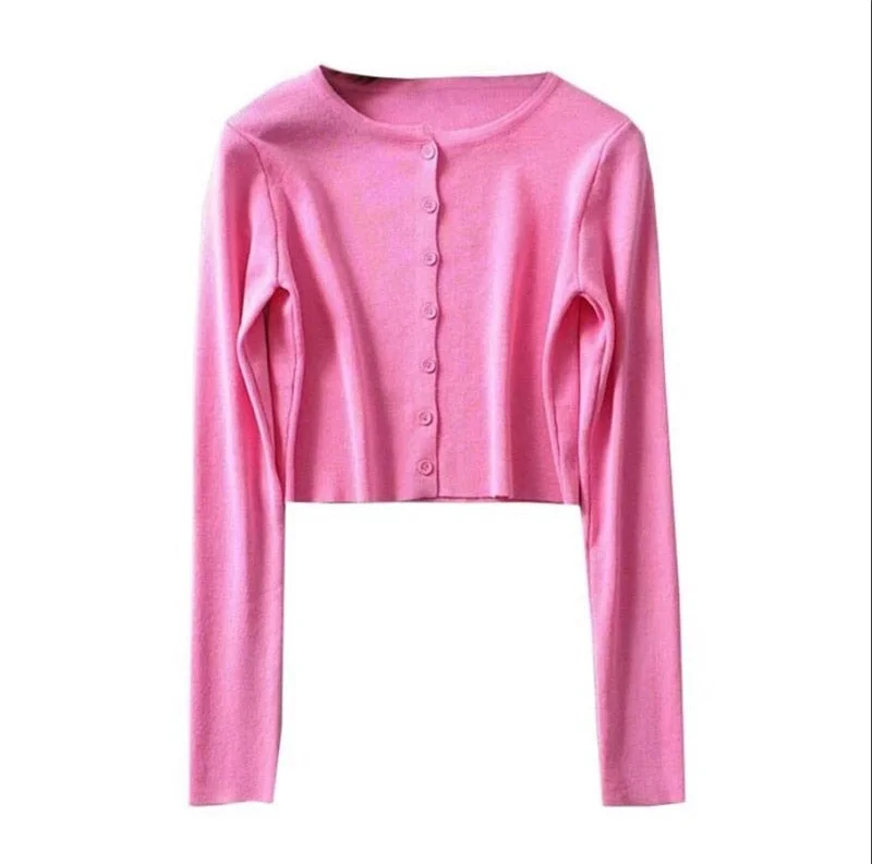Korean Style O-neck Short Knitted Sweaters Women Thin Cardigan Fashion  Sleeve Sun Protection Crop Top Ropa Mujer