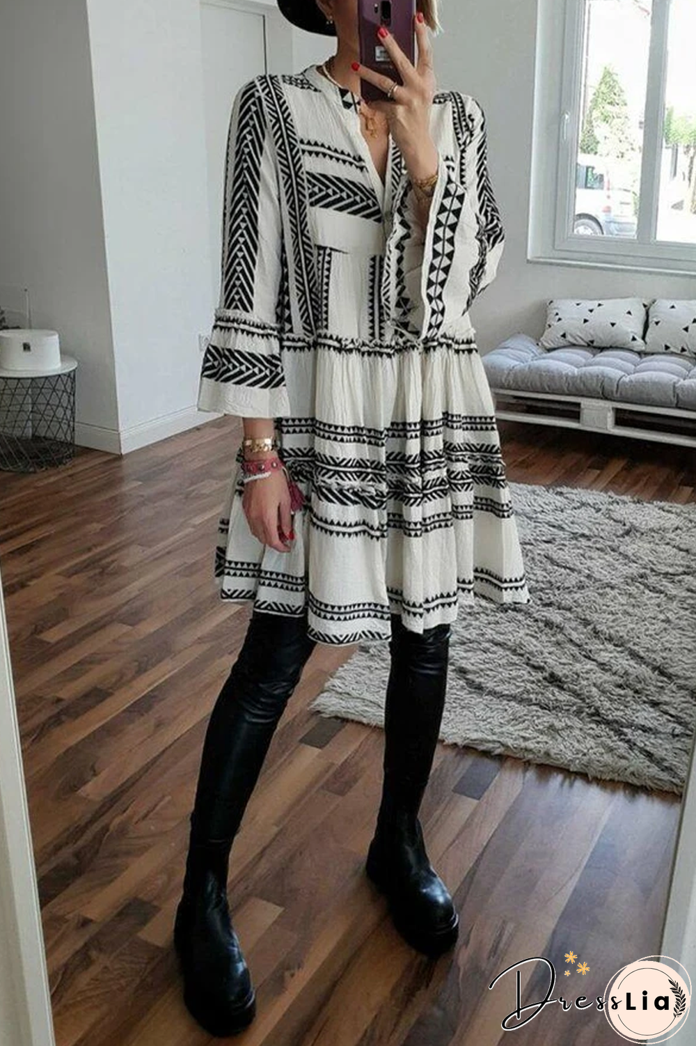 KarliDress Geometric Printed V-neck Mini Dress P12557