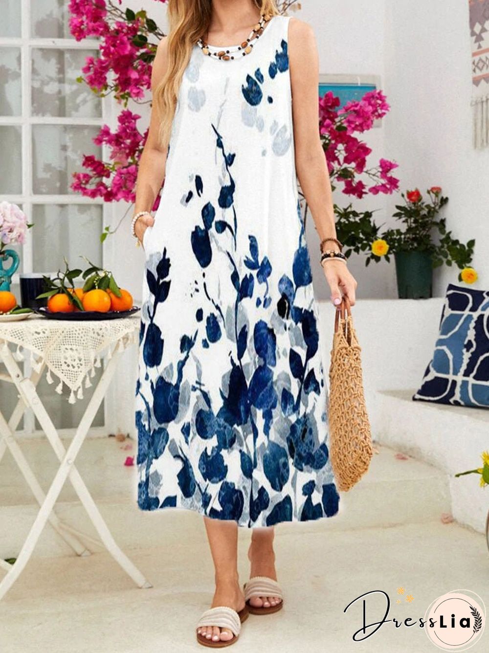 Women'S Dresses Loose Printed Crewneck Pocket Dress