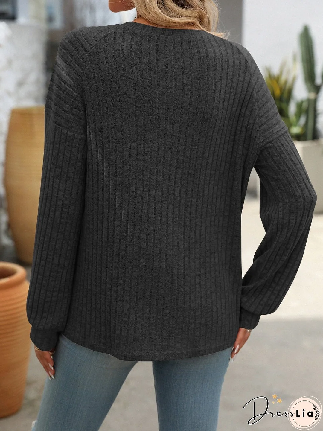 Decor Button Long Sleeve Ribbed T-Shirt