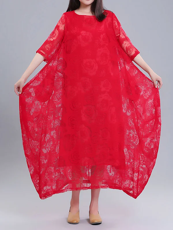 A-Line Half Sleeves Flower Print See-Through Solid Color Round-Neck Midi Dresses