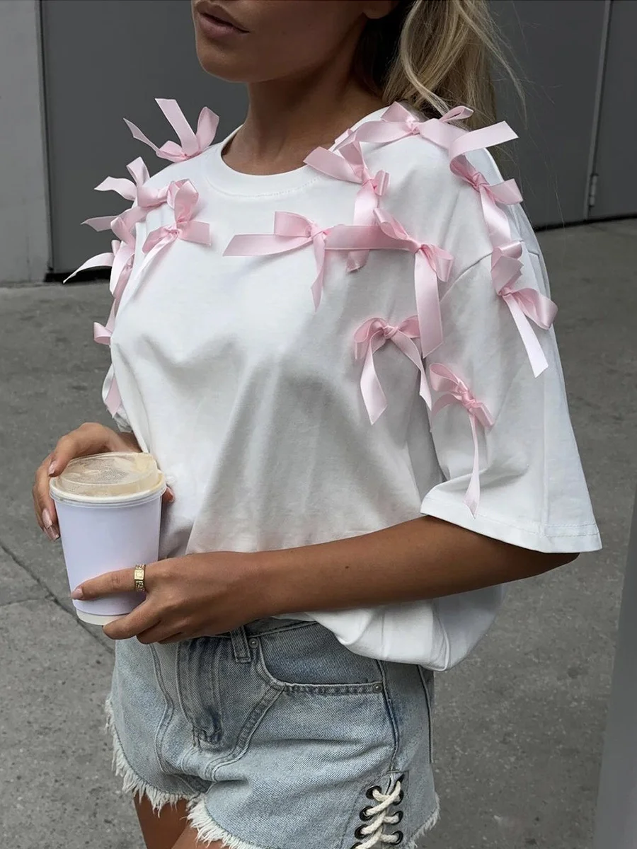 Athvotar Athvotar Girl Ribbon Bow Loose Short-Sleeved T-Shirt In Wind Loose Cotton Casual Blouse