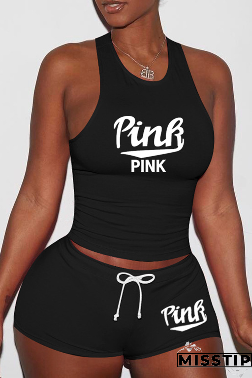 Pink Sexy Print Patchwork U Neck Sleeveless Two Pieces