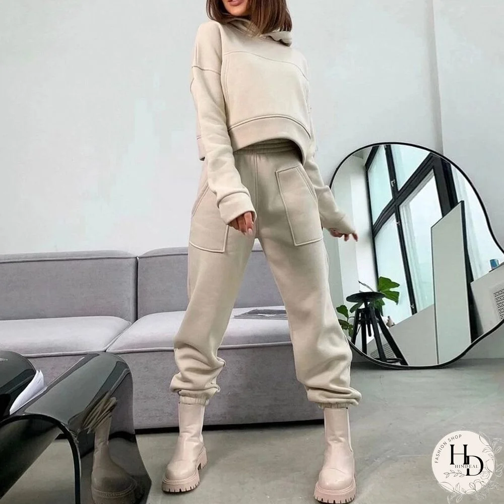 Autumn Long Sleeved Solid Chunky Tracksuit Women Hoodie Top + Elastic Waist Pants Casual Outfit Winter Warm Two Piece Sets