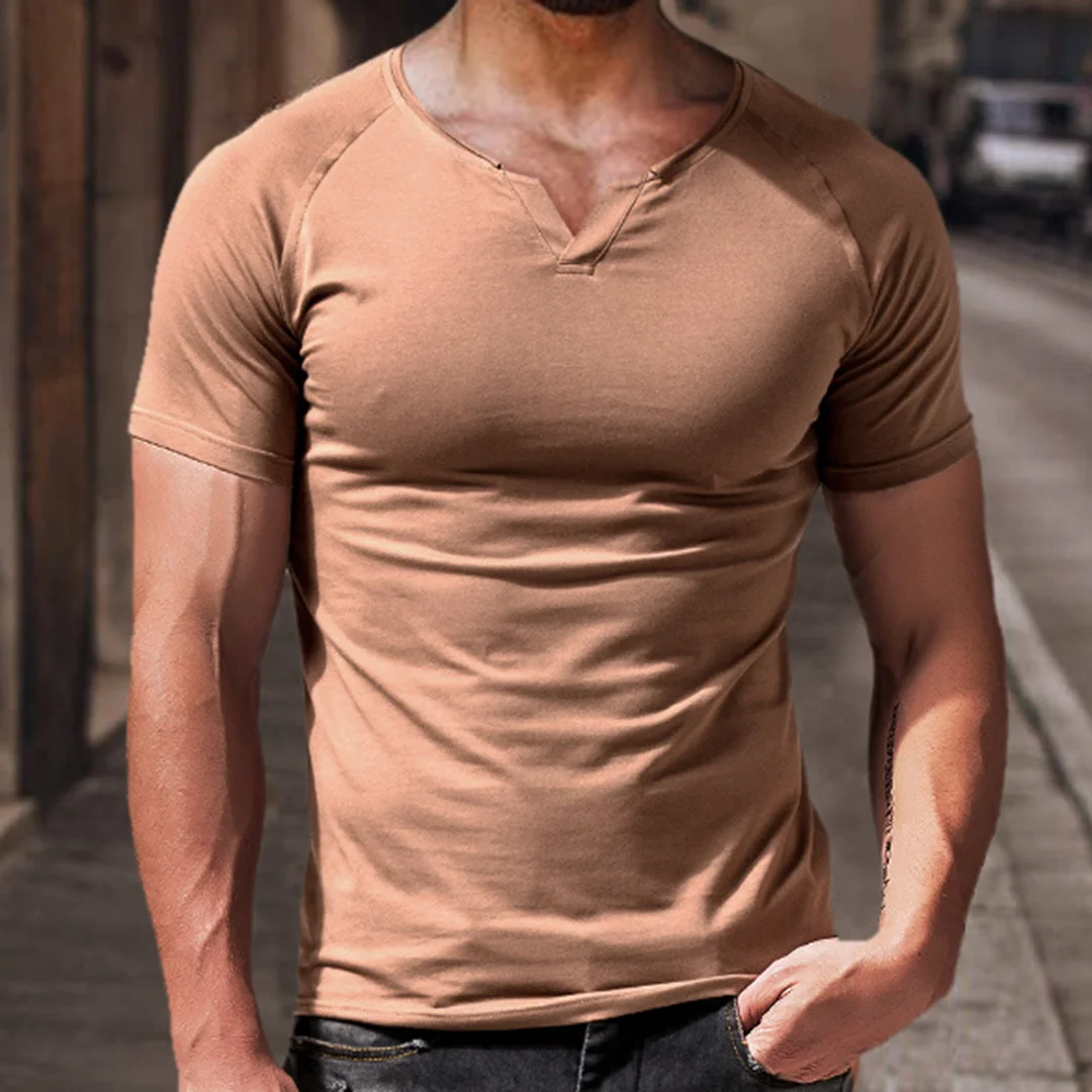 Men's V-neck Solid Color Breathable T-Shirt Casual Retro Outdoor Motorcycle Top